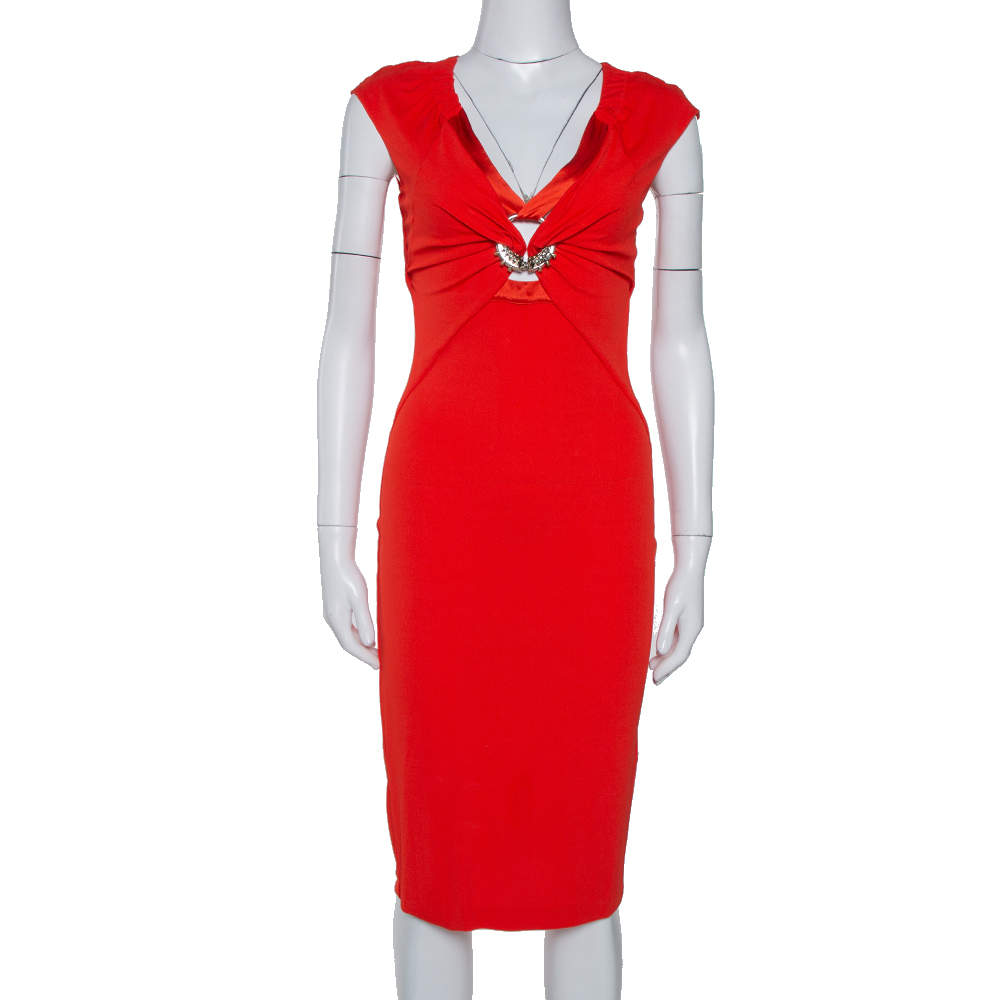 Roberto Cavalli Red Stretch Jersey Brooch Detail Midi Dress S