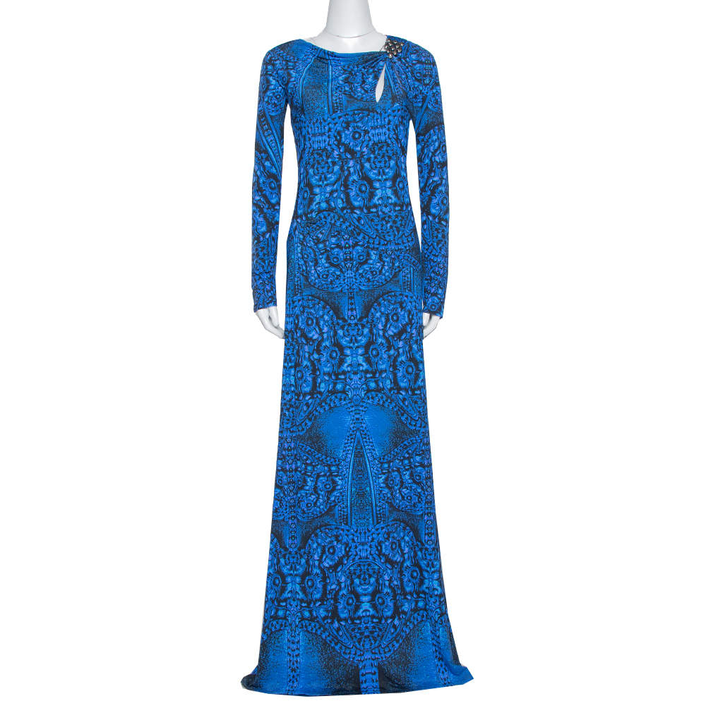 Roberto Cavalli Blue Printed Jersey Brooch Detail Maxi Dress M