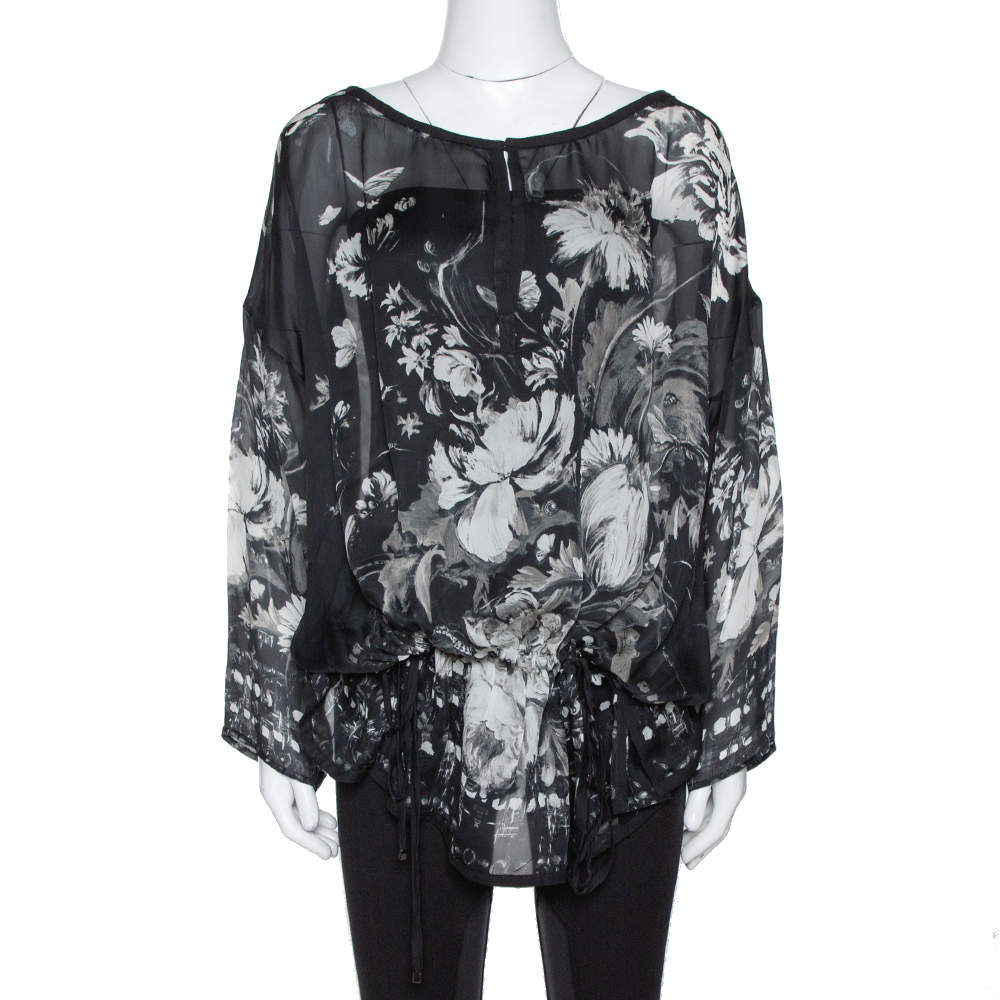 مملوكة مسبقًا Roberto Cavalli Black Floral Print Silk Sheer Kaftan Blouse S