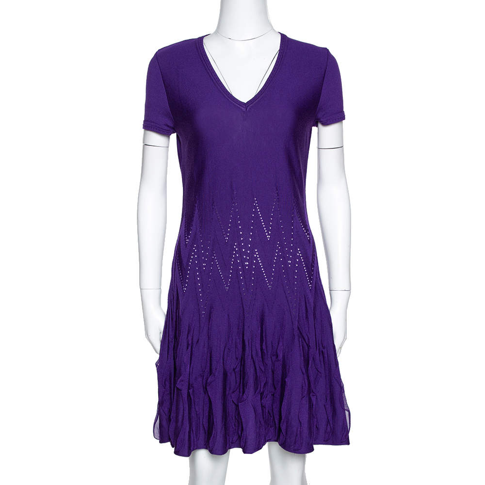 Roberto Cavalli Purple Textured Wool Knit Fit & Flare Dress M