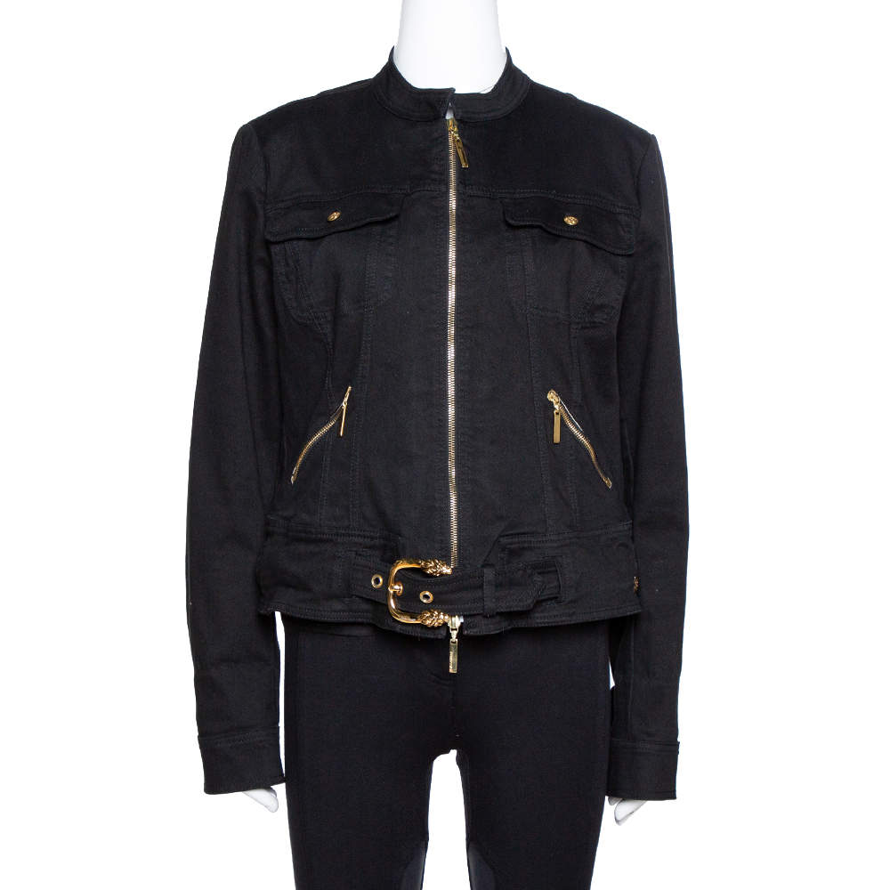 Pre Owned جاكيت روبرتو كافالي دينيم أسود بحزام أمامي بسحاب مقاس كبير - لارج