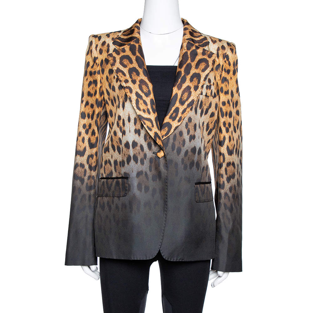 Pre Owned Roberto Cavalli Brown Ombre Animal Print Silk Tailored Blazer L