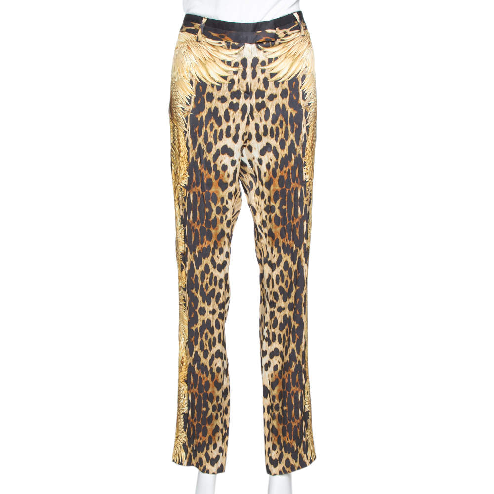 مملوكة مسبقًا Roberto Cavalli Brown Leopard & Wings Print Silk Straight Leg Pants L