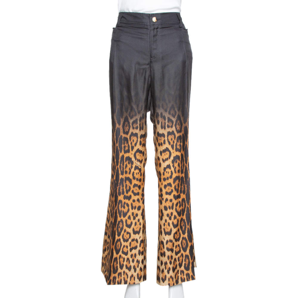 Pre Owned Roberto Cavalli Brown Ombre Leopard Print Silk Flared Pants L