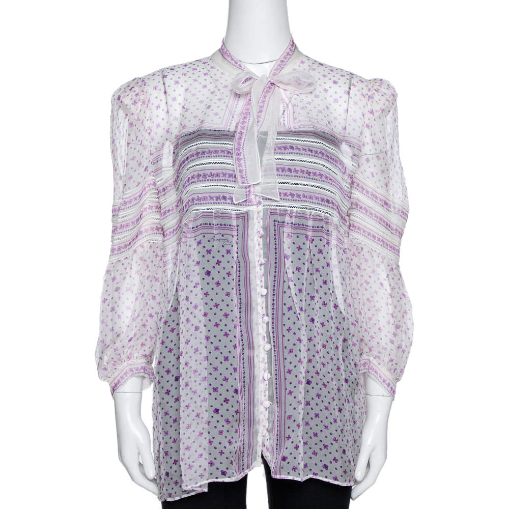مملوكة مسبقًا Roberto Cavalli White & Purple Floral Print Silk Sheer Blouse M