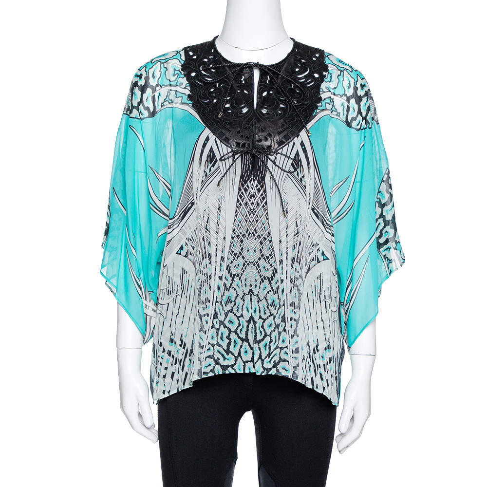Pre Owned Roberto Cavalli Turquoise Blue Printed Silk Leather Trim Kaftan Top M