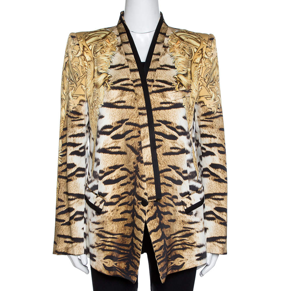 Roberto Cavalli Beige Animal Print Silk Tailored Blazer L
