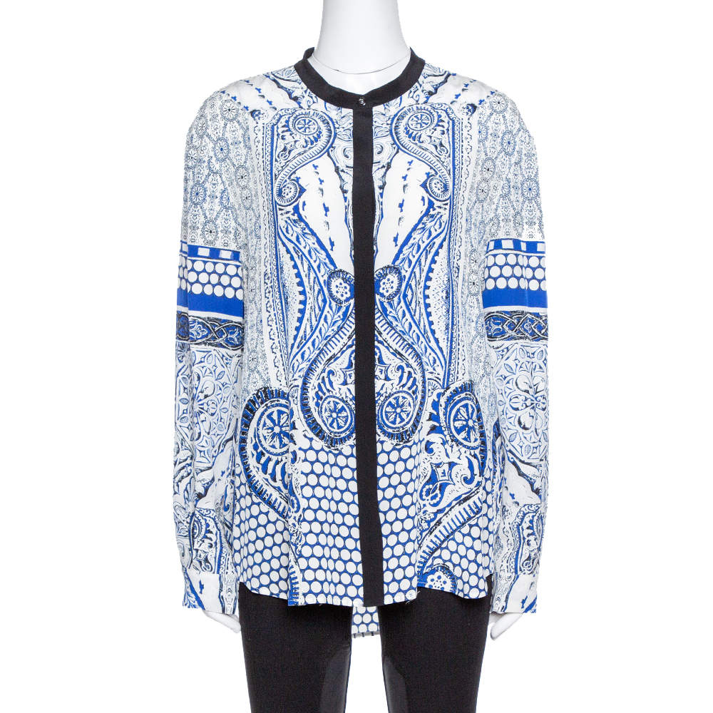 مملوكة مسبقًا Roberto Cavalli Blue Printed Silk Long Sleeve Blouse L
