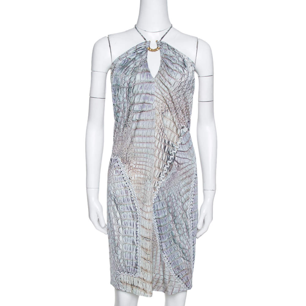 مملوكة مسبقًا فستان ميني روبرتو كافالي جيرسيه نقشة الفهد مطبوع رقبة حمالات مقاس صغير - سمول