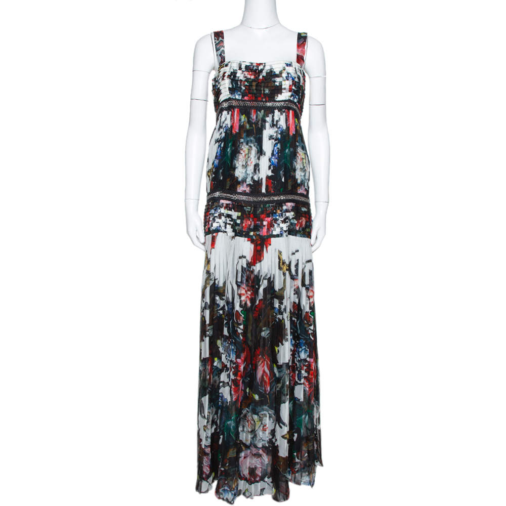 Pre Owned فستان روبرتو كافالي ماكسي بطيات مزخرف سلسلة حرير مطبوع مورد متعدد الألوان مقاس وسط (ميديوم)