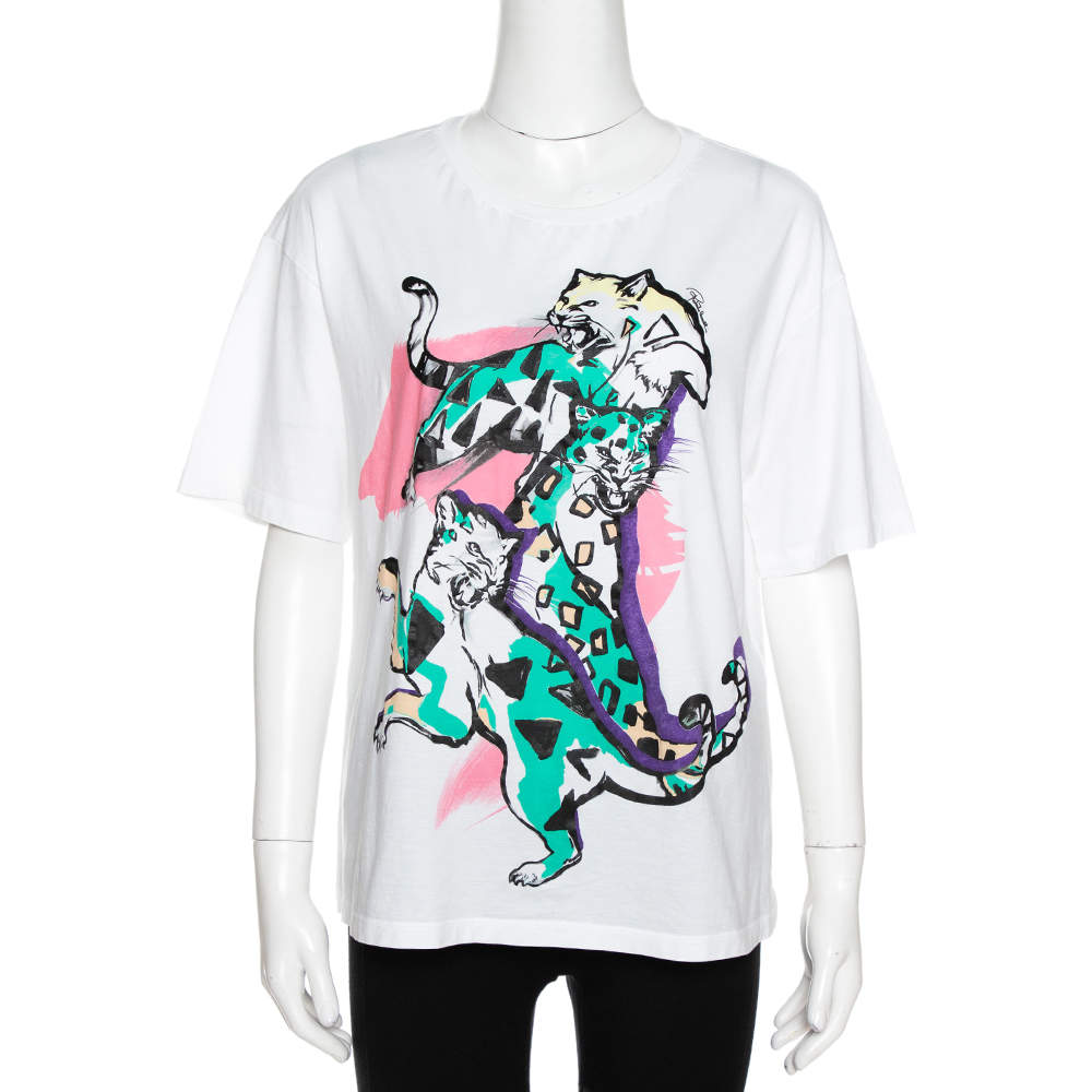 Roberto Cavalli  White Cotton Panther Print Crew Neck T-Shirt M