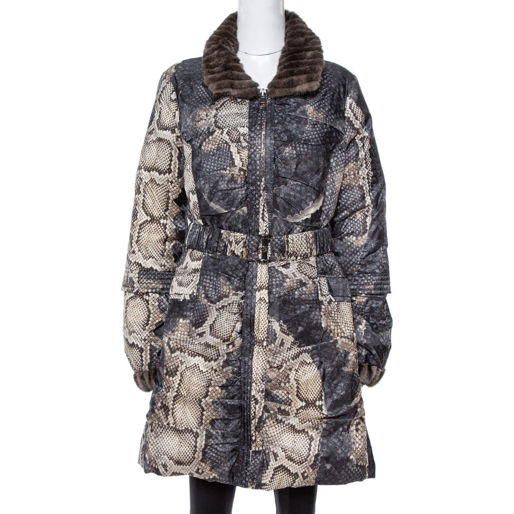 Roberto Cavalli Grey Snake Print Mink Fur Trim Down Coat L