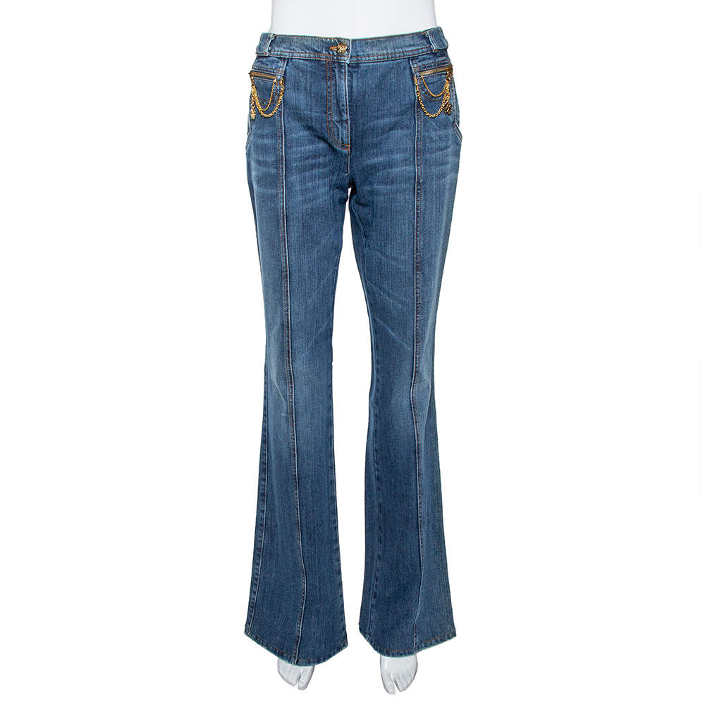 Pre Owned Roberto Cavalli Indigo Distressed Denim Chain Detail Flared Jeans M