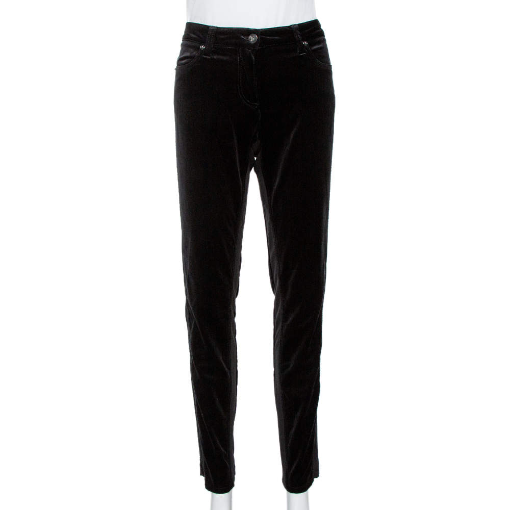 Pre Owned Roberto Cavalli Black Velvet Knit Paneled Tapered Trousers L