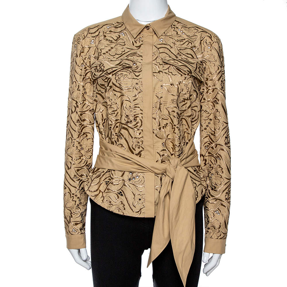 Pre Owned Roberto Cavalli Beige Embroidered Cotton Tie Front Blouse M