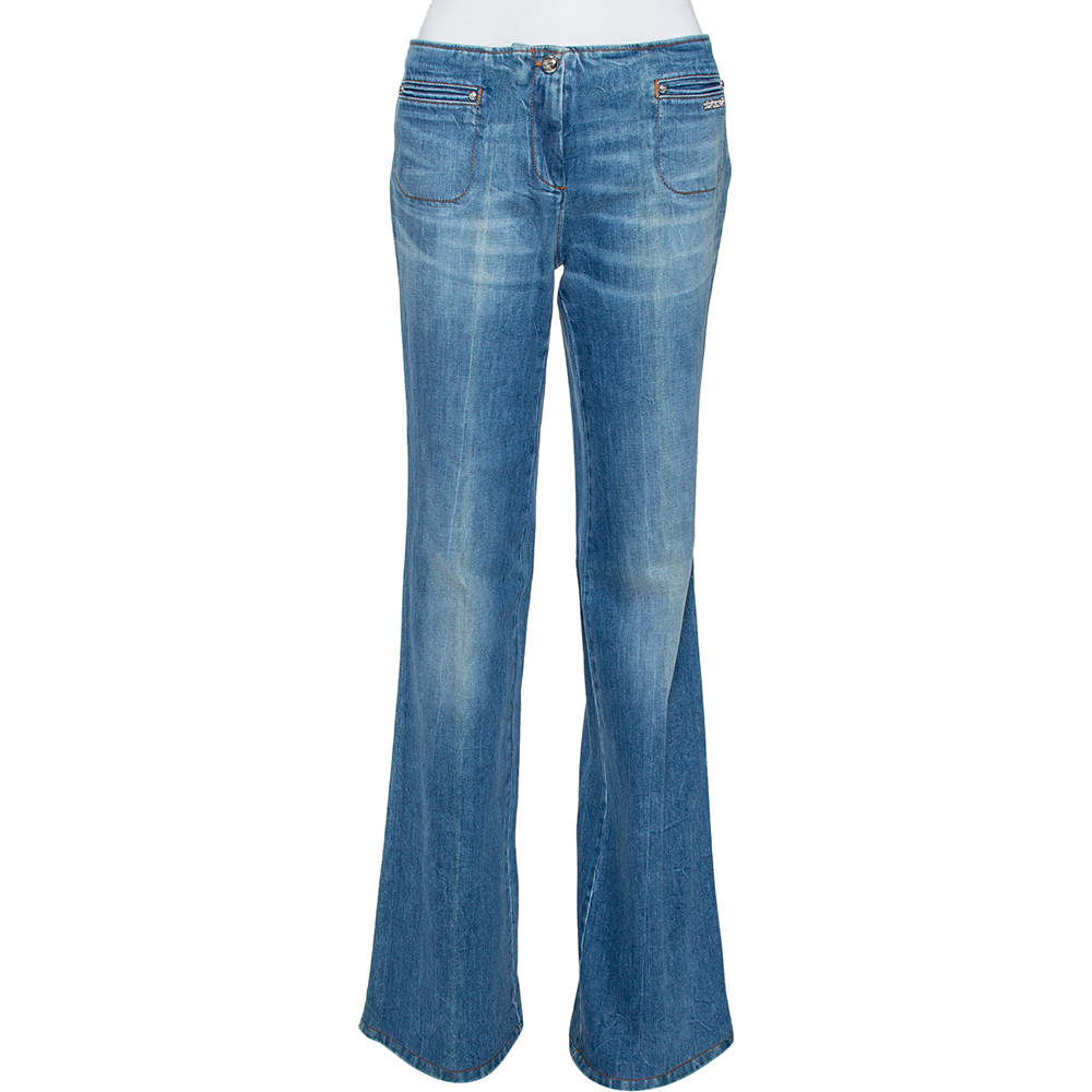 مملوكة مسبقًا بنطلون جينز روبرتو كافالي خصر مرتفع دنيم مغسول فاتح إنديغو M