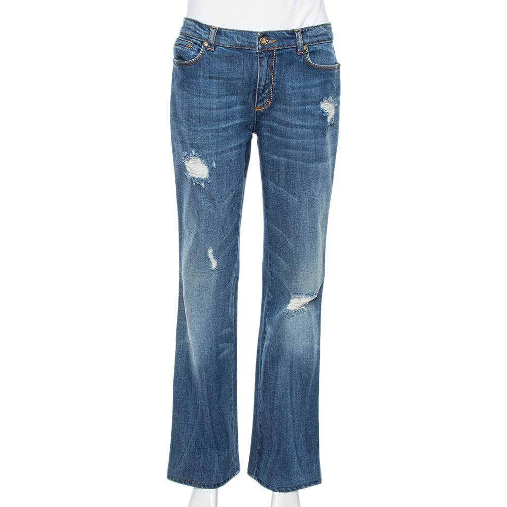 Pre Owned Roberto Cavalli Blue Distressed Denim Logo Embellished Jeans L