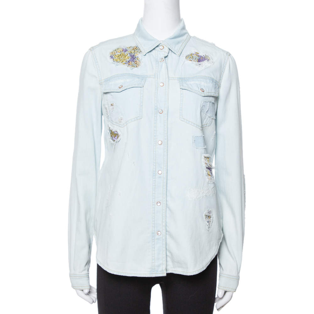 مملوكة مسبقًا Roberto Cavalli Light Blue Distressed Denim Patch Detail Shirt S