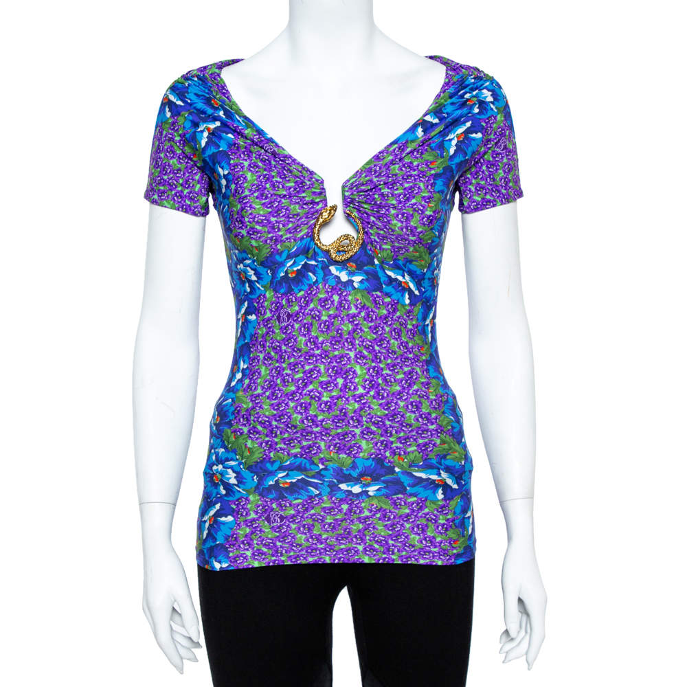 Roberto Cavalli Floral Printed Multicolored Fitted Top S