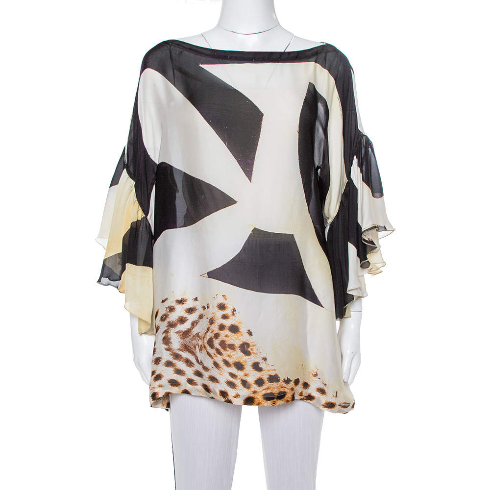 Pre Owned Roberto Cavalli Cream Animal Print Silk Boat Neck Top M
