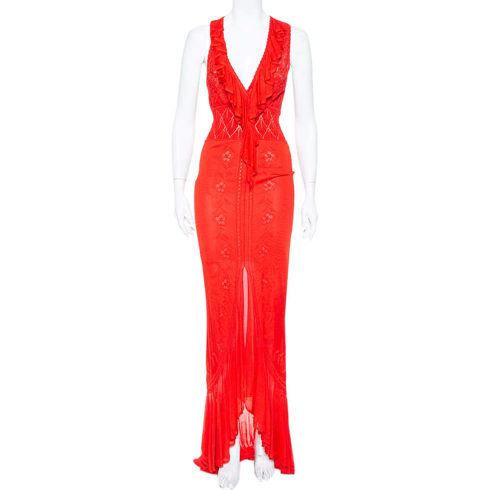 Roberto Cavalli Red Pointelle Knit Ruffle Trim Maxi Dress S