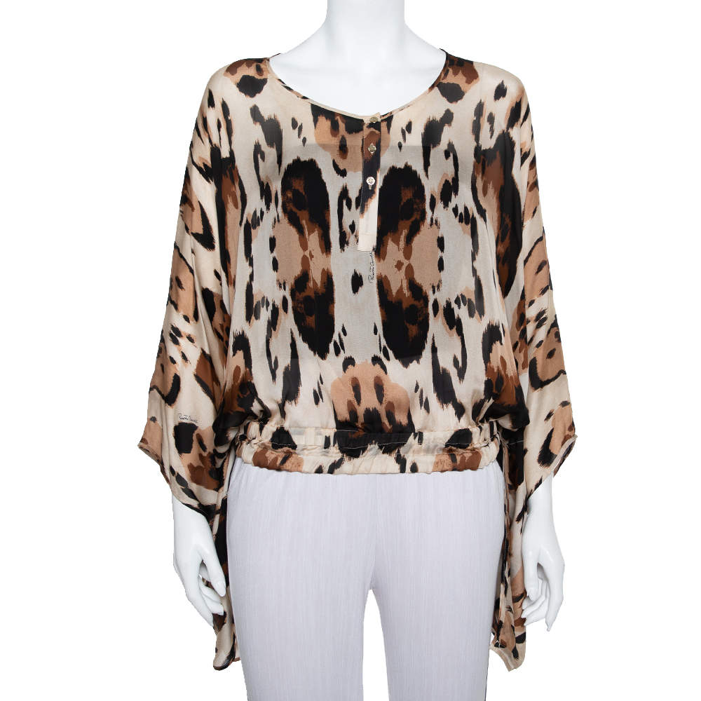 Pre Owned توب قفطان روبرتو كافالي خصر مطاطي مطبوع نقشة الفهد بيج مقاس صغير (سمول)