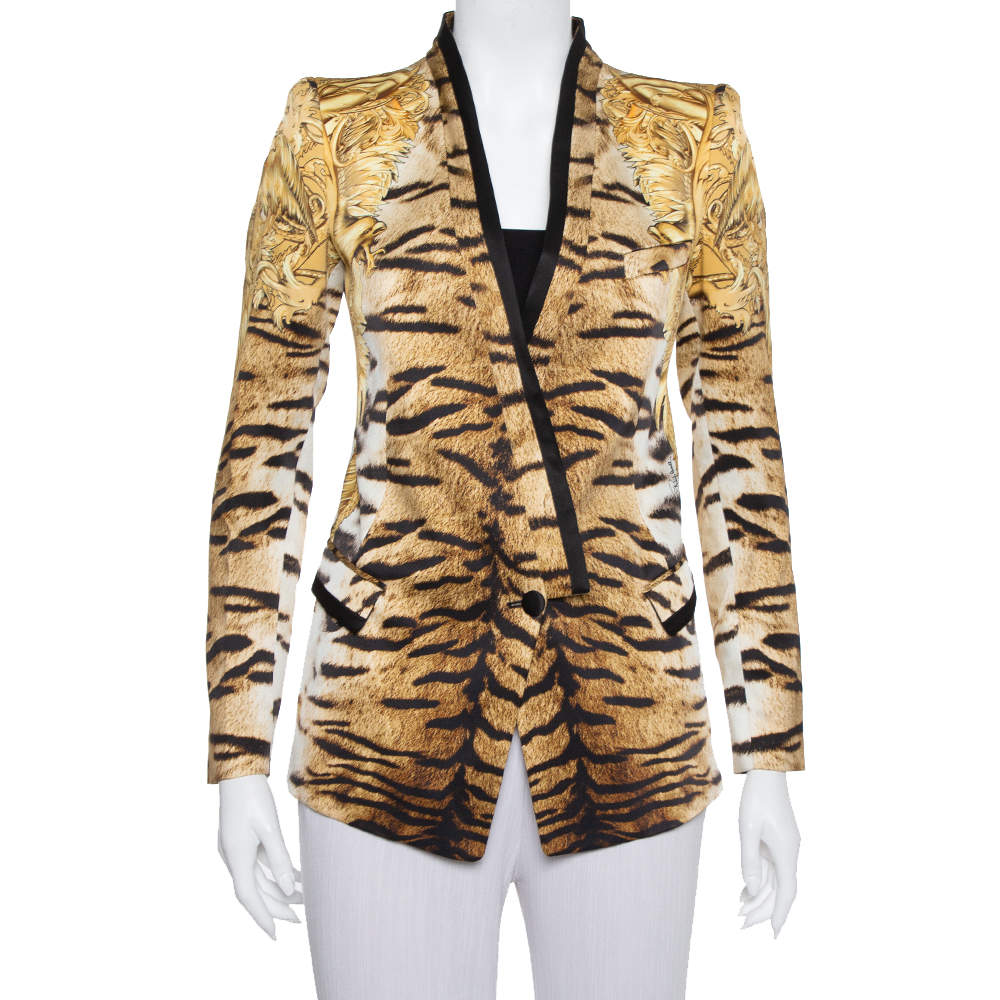 Pre Owned بليزر روبرتو كافالي مفصل حرير طباعة حيوان بيج مقاس صغير