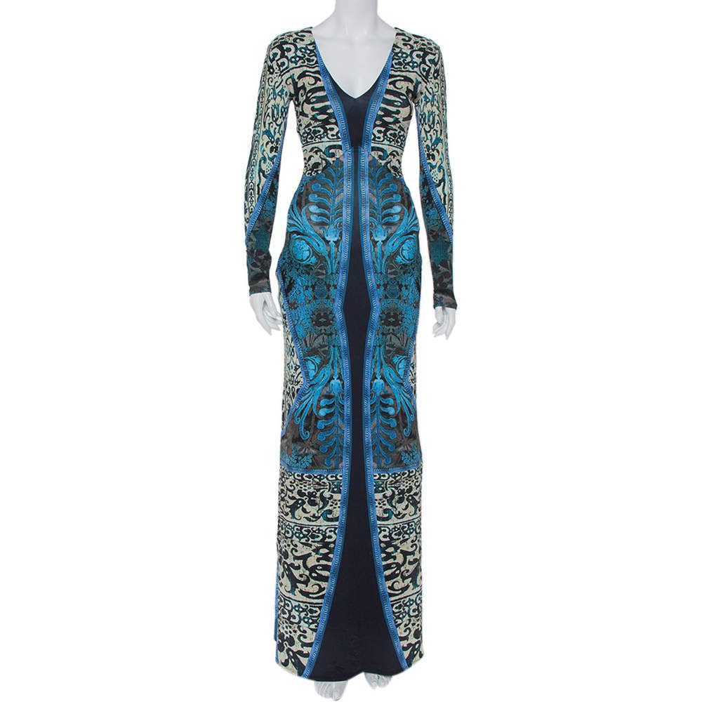 Pre Owned فستان روبرتو كافالي رقبة حرف ڨي طويل جيرسيه مطبوع متعدد الألوان مقاس صغير (سمول) 