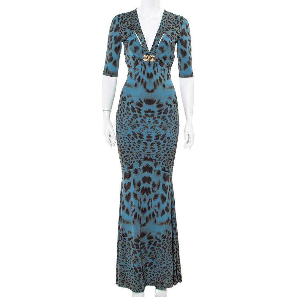 Pre Owned Roberto Cavalli Teal Blue Animal Printed Knit Plunge Neck Maxi Dress S