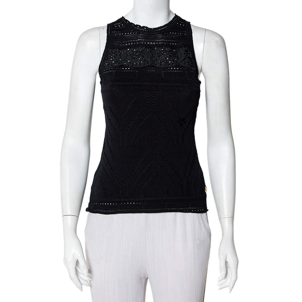 Pre Owned توب روبرتو كافالي تانك تريكو مخرم أسود مقاس صغير