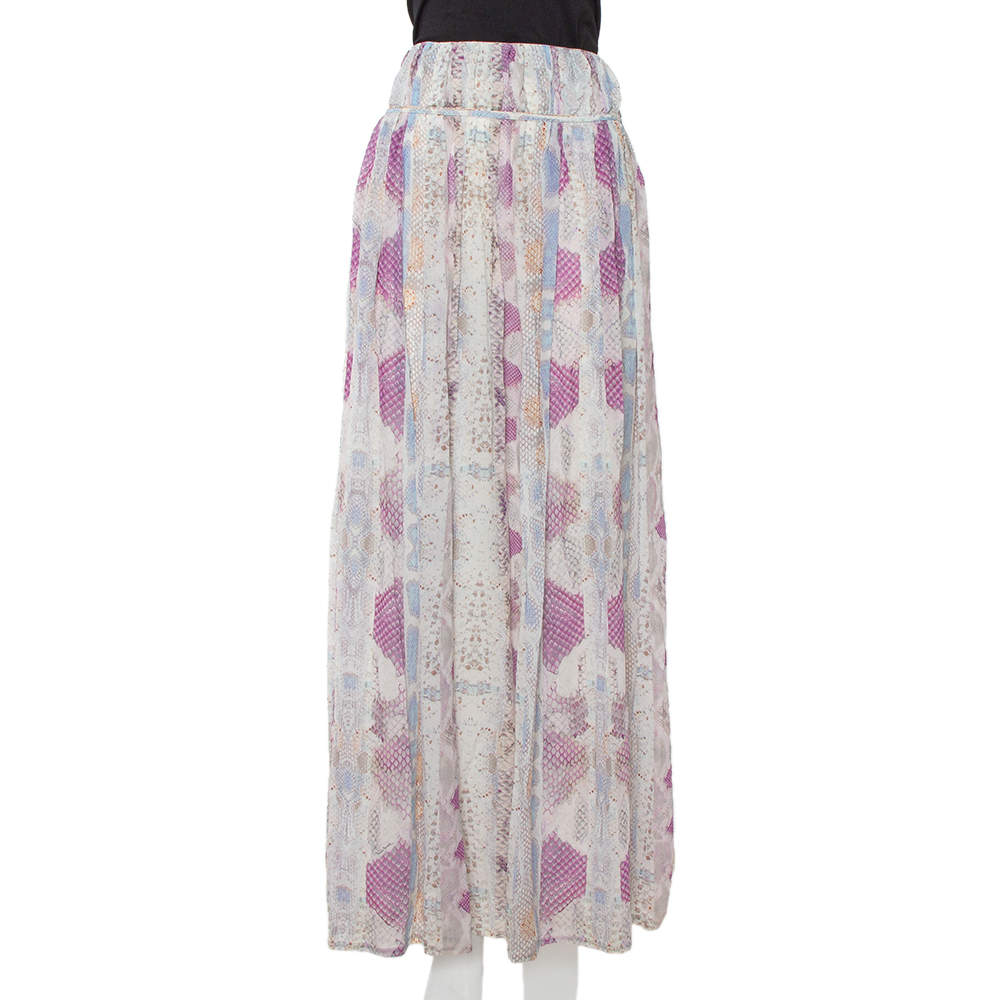 Pre Owned تنورة ماكسي روبرتو كافالي حرير مطبوع نقشة جلد الثعبان متعدد الألوان مقاس كبير - لارج