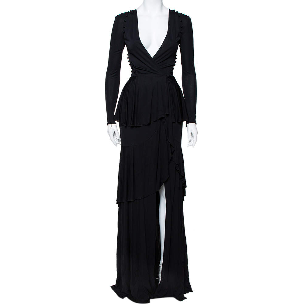 مملوكة مسبقًا Roberto Cavalli Black Knit Ruffled Maxi Wrap Dress S