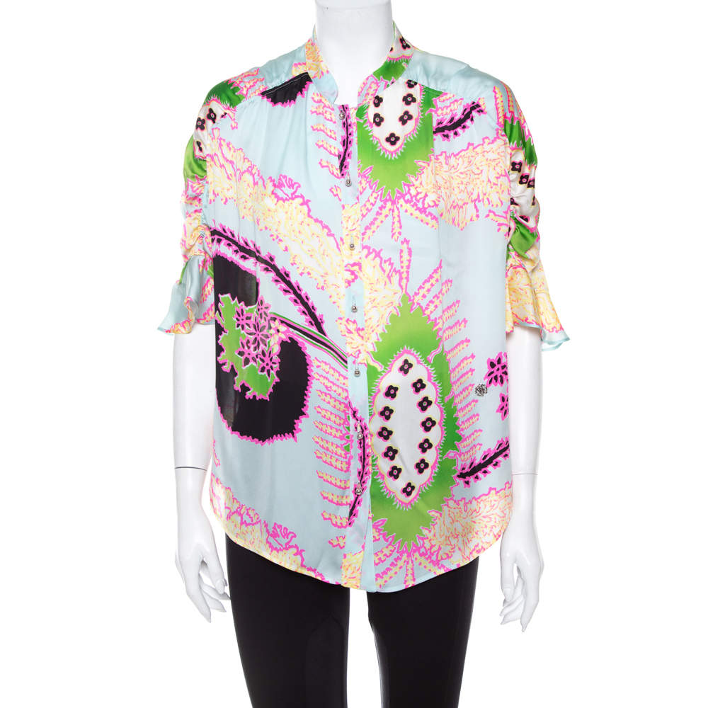 Pre Owned Roberto Cavalli Multicolor Abstract Printed Silk Ruffle Sleeve Blouse L