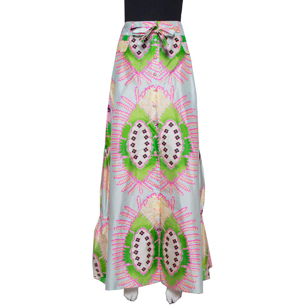 مملوكة مسبقًا Roberto Cavalli Multicolor Abstract Printed Silk Ruffled Maxi Skirt M