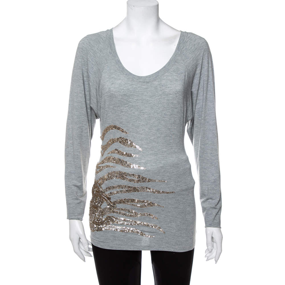 Pre Owned توب روبرتو كافالي مودال ترتر رصاصي مزخرف بأكمام طويلة رقبة واسعة مقاس صغير - سمول