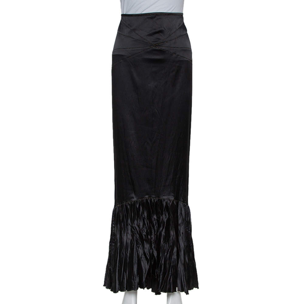 Pre Owned Roberto Cavalli Black Satin Ruffle Hem Detail Maxi Skirt M
