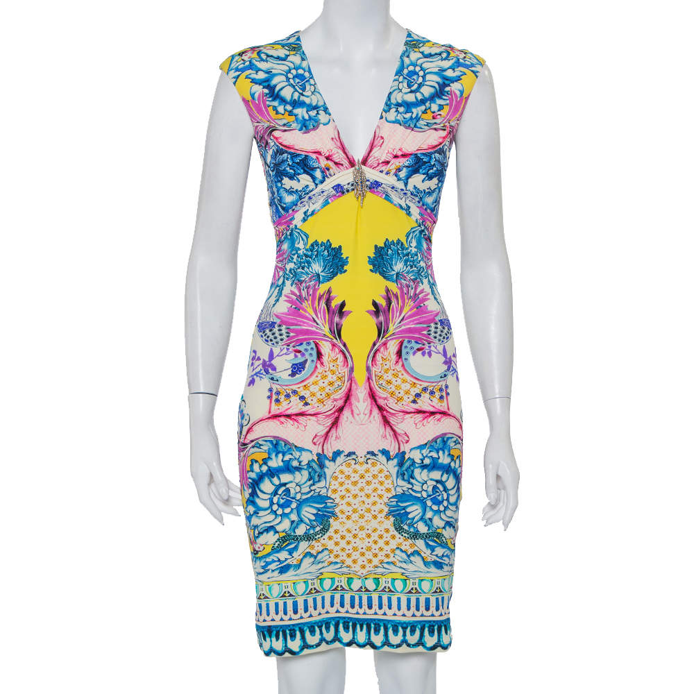 مملوكة مسبقًا فستان روبرتو كافالي تريكو متعدد الألوان ديرابيه رقبة حرف في مقاس صغير - سمول