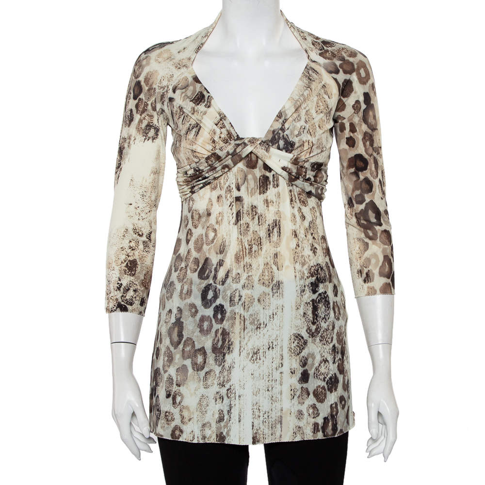 Roberto Cavalli Cream Animal Printed Knit Drape Detail Tunic M