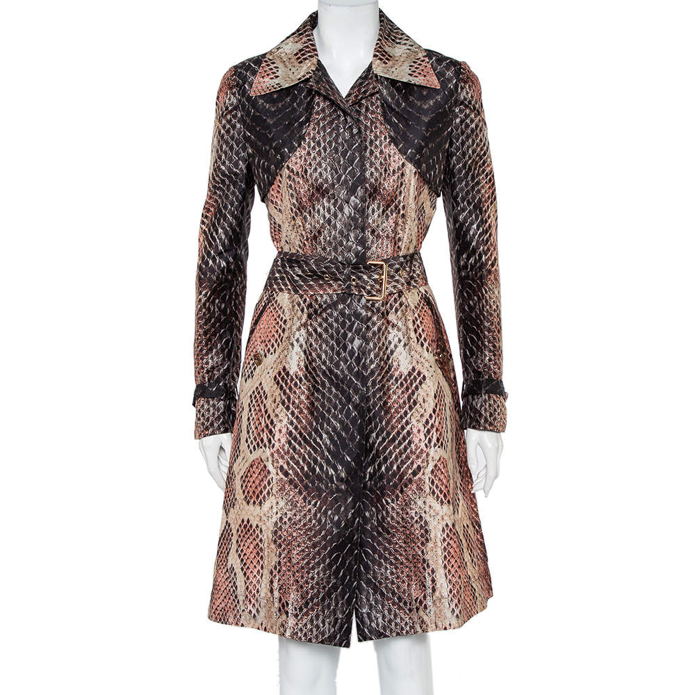 Pre Owned Roberto Cavalli Brown Snakeskin Printed Silk Button Front Belted Trench Coat S
