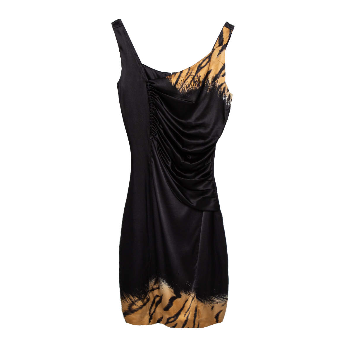 Pre Owned Roberto Cavalli Black Printed Satin Draped Sleeveless Mini Dress M