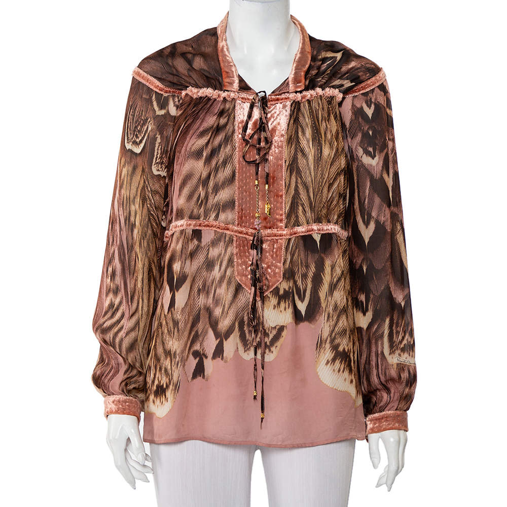 Pre Owned بلوزة روبرتو كافالي حرير قطيفة بطبعة نقشة الفهد متعددة الألوان مقاس كبير (لارج)  