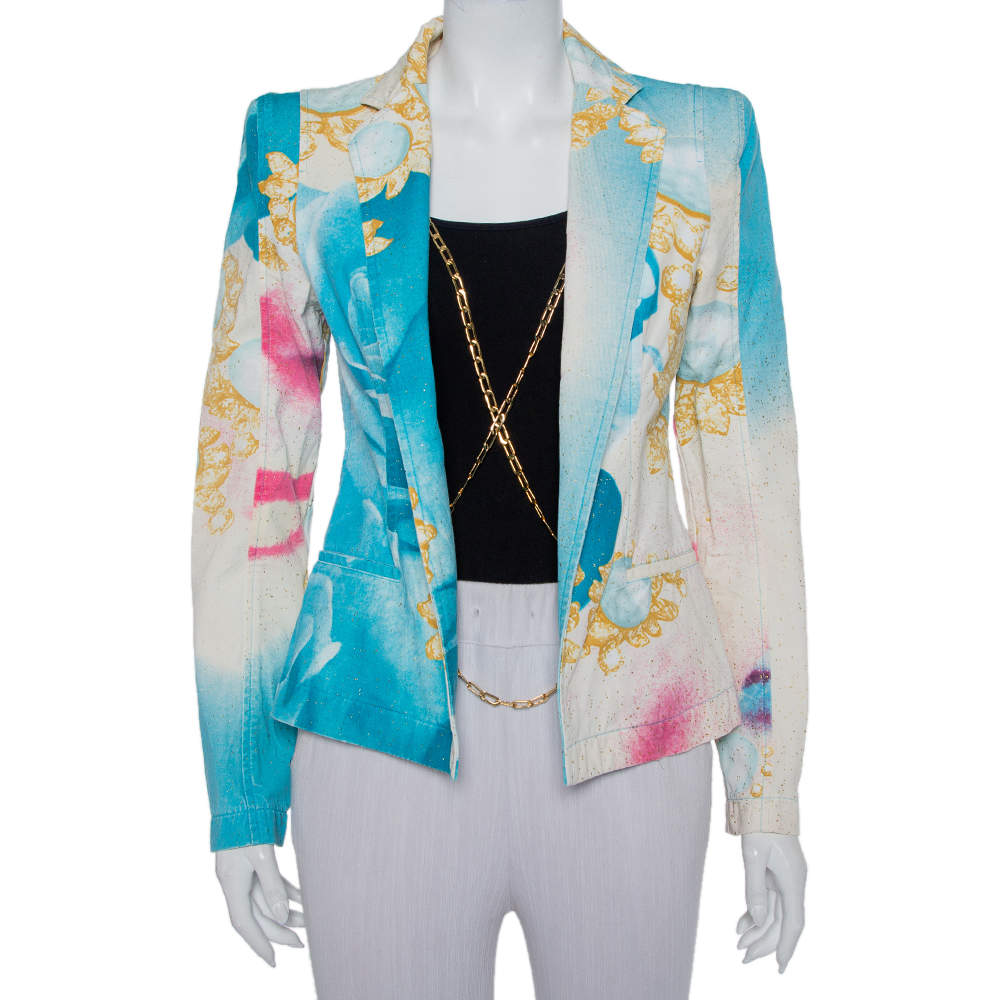 Pre Owned Roberto Cavalli Multicolor Floral Printed Cotton Chain Detail Blazer M
