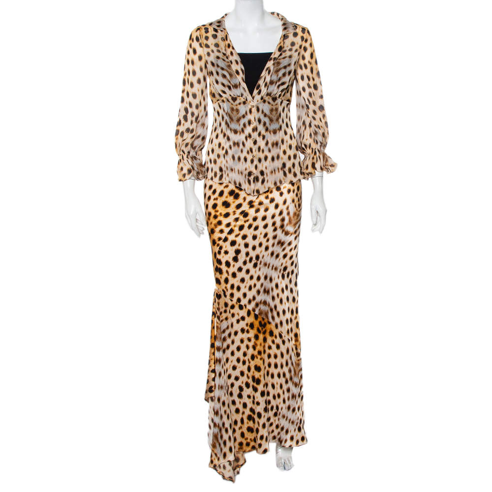 Roberto Cavalli Beige Animal Printed Silk Sheer Shirt & Asymmetric Hem Maxi Skirt S