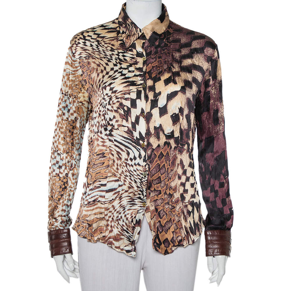 قميص روبرتو كافالي أزرار أمامية حافة جلد حرير مطبوع نقشة الفهد بني مقاس كبير جداً (اكس لارج))