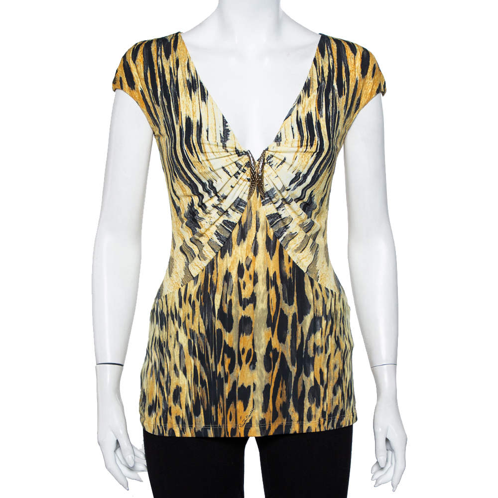 Pre Owned Roberto Cavalli Yellow Printed Knit Draped Plunge Neck Top S