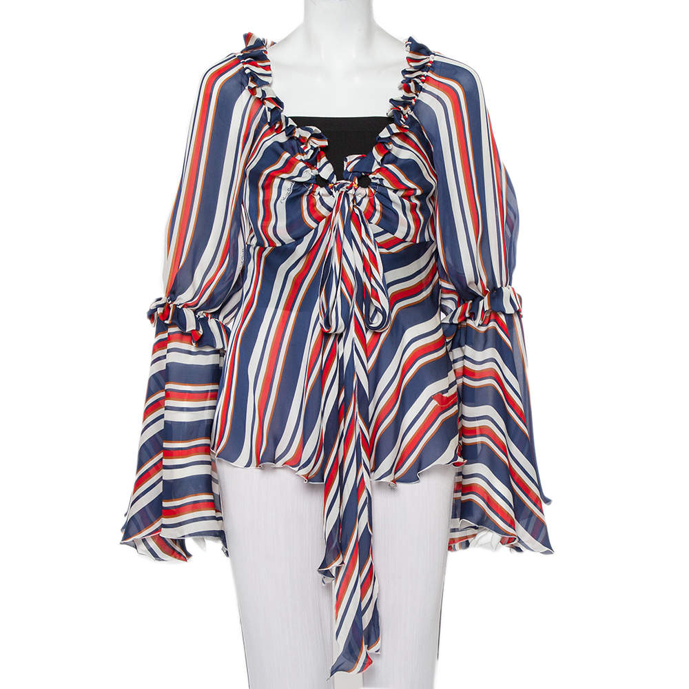 Pre Owned بلوزة روبرتو كافالي مزين رقبة منفوشة حرير مخطط متعدد الألوان مقاس وسط (ميديوم)