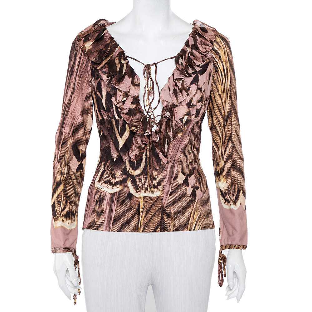 Pre Owned Roberto Cavalli Multicolor Printed Knit Ruffled Neck Detail Top M