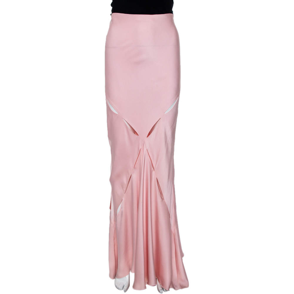 Pre Owned Roberto Cavalli Pink Silk Cutout Detail Maxi Skirt M