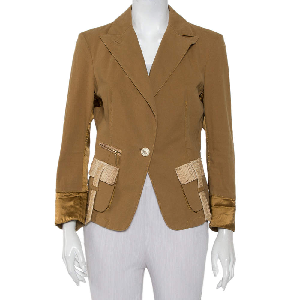 Pre Owned Roberto Cavalli Brown Denim Leather Trim Button Front Blazer L