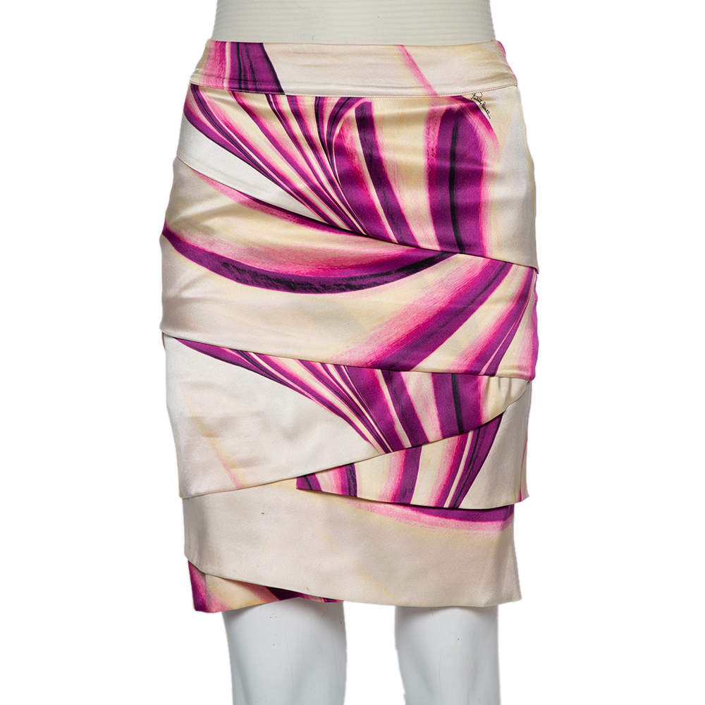 Pre Owned Roberto Cavalli Multicolor Printed Silk Satin Tiered Mini Skirt S